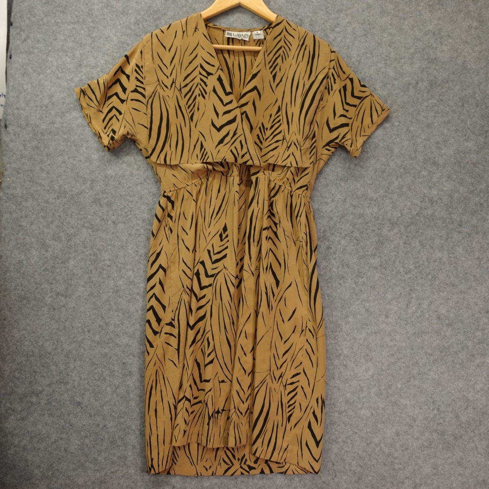 Vintage Lanvin Dress Womens 4 S Tan Boho Safari Palm Leaf Silk Wrap 80s Luxury